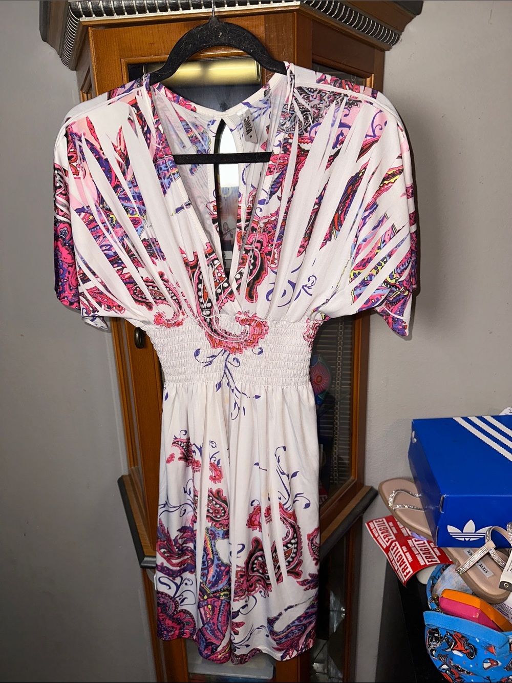 White Paisley Print Smocked Mini Dress